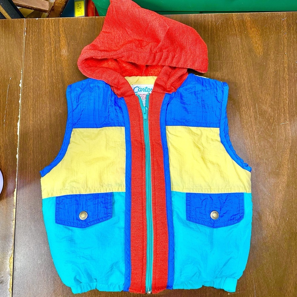 Vintage Carter's Hooded Puffer Vest Colorblock Boys Sz 4T Blue Red Yellow‎ Green